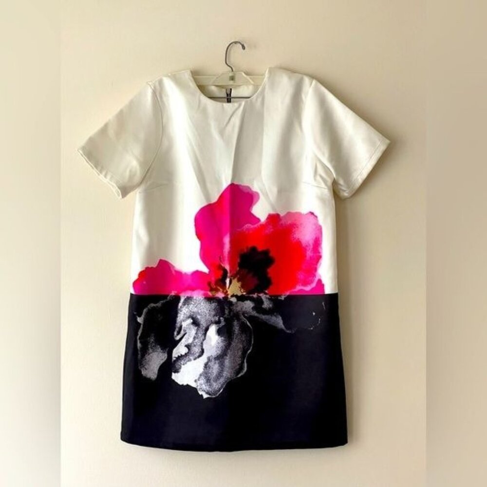 Topshop Artsy Colorful Shift Dress Size 6 Pink Short Sleeve